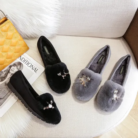 Women Warm Furry Loafers Rhinestone Owl Artificial Pearl Buckle Faux Suede Rabbit Fur Lining Anti-Slip Rubber Sole Winter Flats