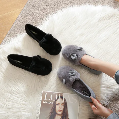 Women Winter Plush Loafers With Rabbit Ears Faux Fur Flat Shoes Warm Fleece Lining Non Slip Soft Sole Casual Moccasins For Daily Wear