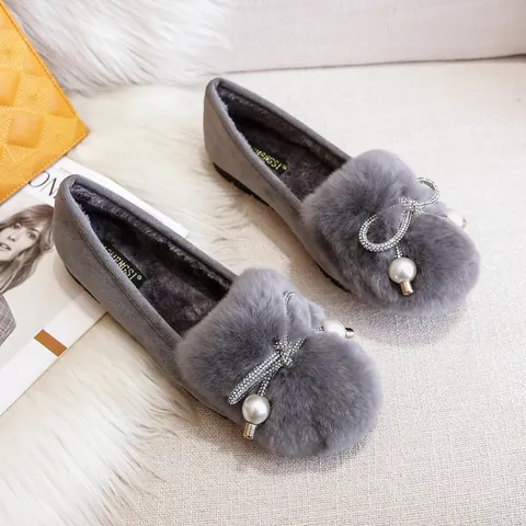 Dames Winter Warme Imitatiesuède Loafers Verdikte Pluche Voering Bontbal Strass Boog Kunstparel Platte Katoenen Schoenen Instappers