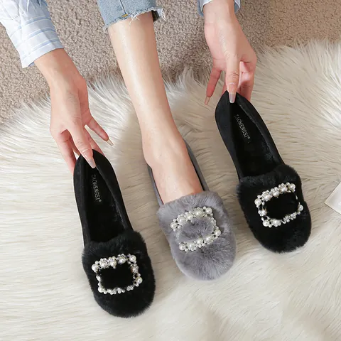 Women Winter Rabbit Fur Loafers With Artificial Pearl Rhinestone Square Buckle Warm Plush Lined Flat Moccasins Comfort Shoes