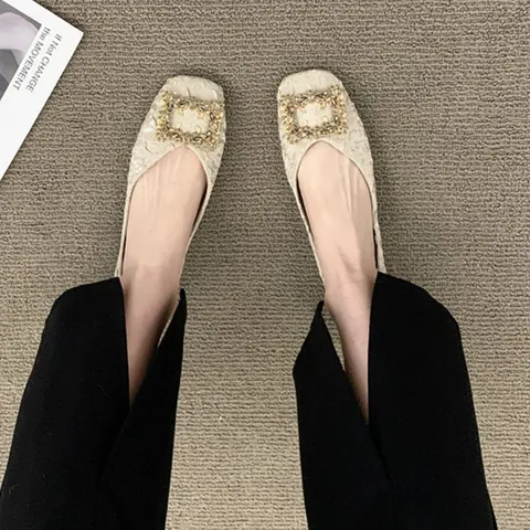 Women French Vintage Square Toe Flat Shoes Elegant Rhinestone Square Buckle Satin Jacquard Fabric Slip-on Comfortable Ballet Flats Loafers