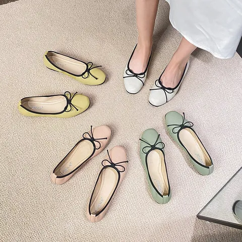 Women's Ballet Flats Square Toe Soft Sole Slip-on Shoes with Bowknot Contrast Trim Lychee Texture Comfortable Casual Daily Flat Shoes