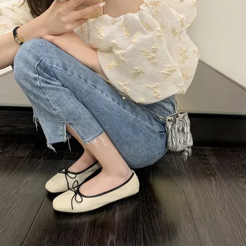 Women Ballet Flats Microfiber Leather Square Toe Slip On Shoes Elegant Bowknot Soft Low Top Casual Daily Loafers Footwear
