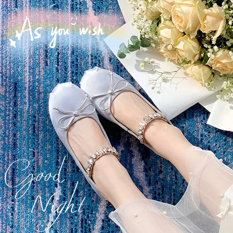 Rhinestone Ballet Flats Satin Silk Bow Mary Jane Flat Shoes For Women Elegant Round Toe Wedding Party Dress Shoes