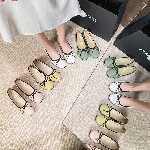 Women's Ballet Flats Square Toe Soft Sole Slip-on Shoes with Bowknot Contrast Trim Lychee Texture Comfortable Casual Daily Flat Shoes