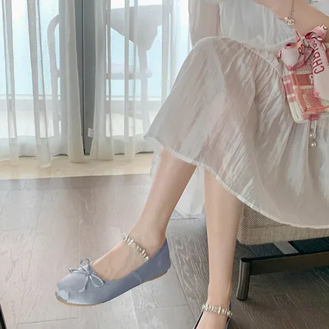 Rhinestone Ballet Flats Satin Silk Bow Mary Jane Flat Shoes For Women Elegant Round Toe Wedding Party Dress Shoes
