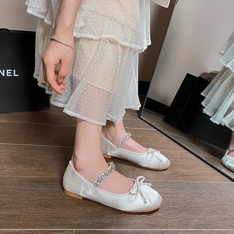 Women Satin Rhinestone Mary Jane Ballet Flats Bow Round Toe Comfortable Flat Shoes Elegant Wedding Party Dress Shoes