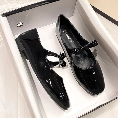 Women's French Mary Jane Ballet Flats Vintage Square Toe Patent Leather Satin Bow Strap Low Heel Comfortable Casual Shoes