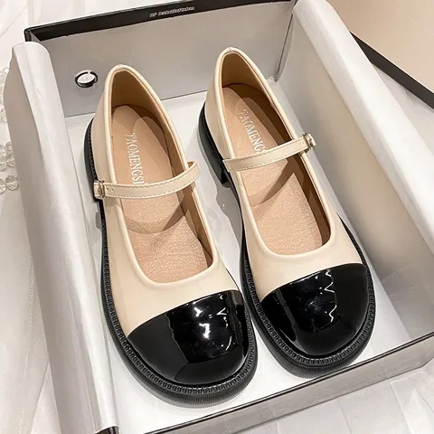 Women Mary Jane Shoes Vintage Lolita Style Two Tone Patent Leather Round Toe Buckle Low Heel Daily Dress Shoes