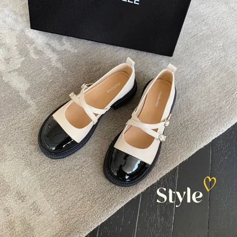 French Retro Women Mary Jane Shoes Block Heel Platform Color Block Crisscross Strap Patent Leather Patchwork Lolita Preppy Pumps