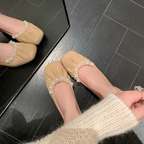 Damen Französisch Quadratische Zehe Perle Strass Mary Jane Flats Elegante Falten Mikrofaser Leder Retro Ballett Flache Schuhe