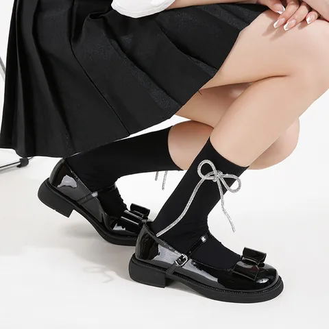 Women's Patent Leather Mary Jane Shoes Sweet Round Toe Chunky Heel With Bowknot Preppy Style Ladies Fashion Pump Shoes