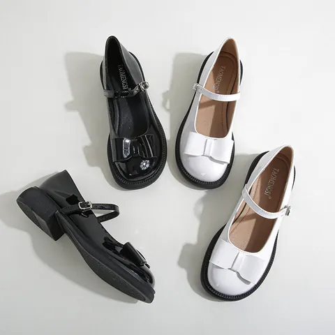 Women's Patent Leather Mary Jane Shoes Sweet Round Toe Chunky Heel With Bowknot Preppy Style Ladies Fashion Pump Shoes