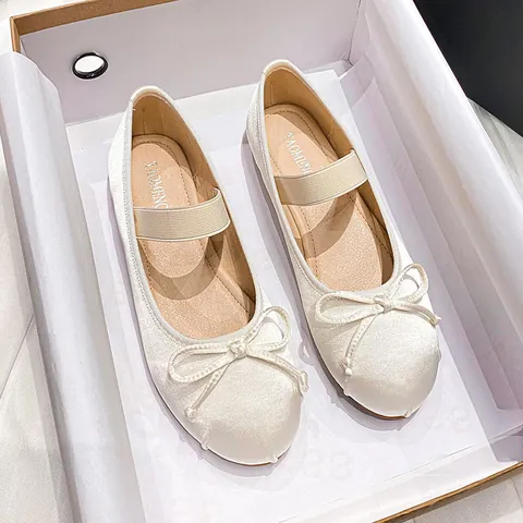 Women's Silk Satin Ballet Flats Mary Jane Shoes Elegant Bow Elastic Strap Round Toe Comfortable Low Heel Single Shoes For Daily Party