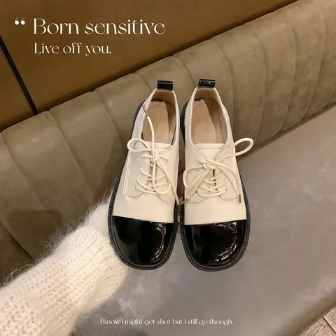Mocasines de Charol Colorblock Retro para Mujer Zapatos Oxford de Plataforma Punta Redonda con Cordones Estilo Británico
