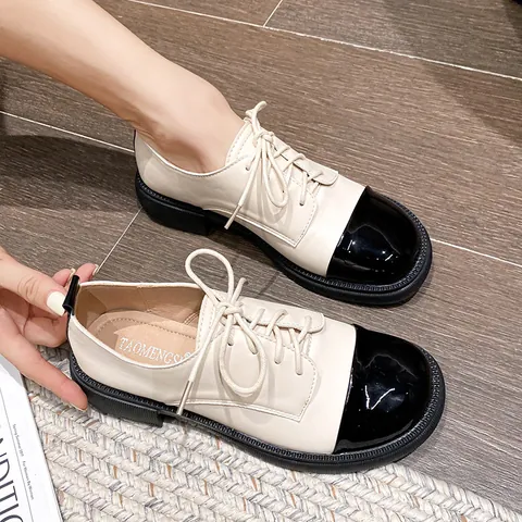 Women's Vintage Oxford Loafers Patent Leather Contrast Cap Toe Lace Up Platform Shoes British Style Casual Flats For Daily