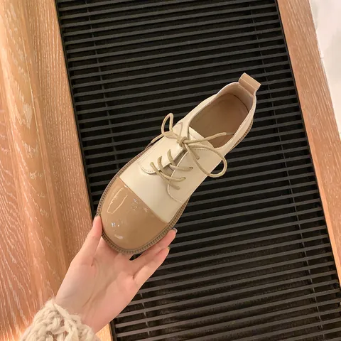 Mocasines de Charol Colorblock Retro para Mujer Zapatos Oxford de Plataforma Punta Redonda con Cordones Estilo Británico