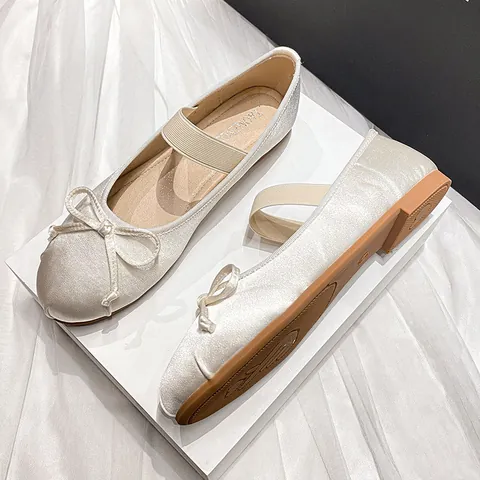 Women Silk Satin Bow Ballet Flats French Style Mary Jane Flat Shoes For Wedding Party Daily Casual Comfortable Elegant Dress Shoes