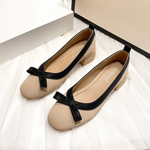 Women Vintage Bow Block Heel Pumps Cowhide Leather Color Block Square Toe Low Top Slip On Office Casual Fashion Shoes