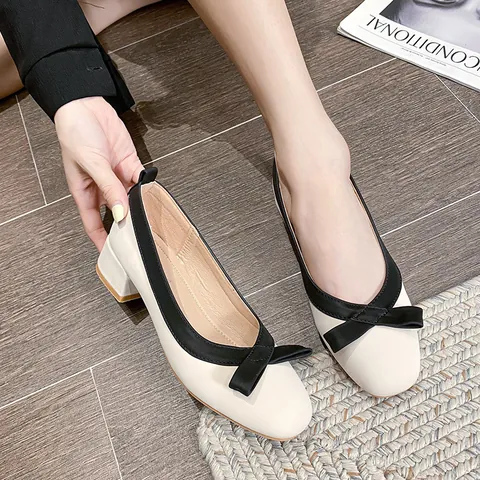 Women Vintage Bow Block Heel Pumps Cowhide Leather Color Block Square Toe Low Top Slip On Office Casual Fashion Shoes