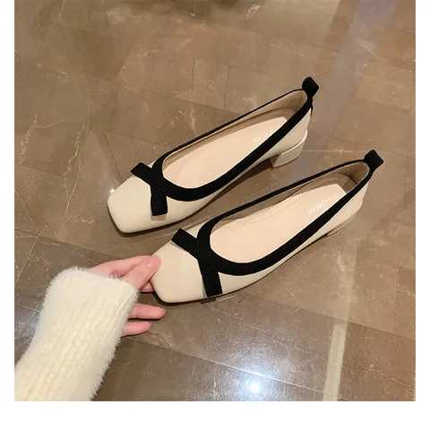 Tacones de Mujer de Estilo Francés con Lazo y Tacón Medio Punta Cuadrada Tacón de Bloque Color en Contraste Elegantes Zapatos de Oficina Calzado Casual Cómodo