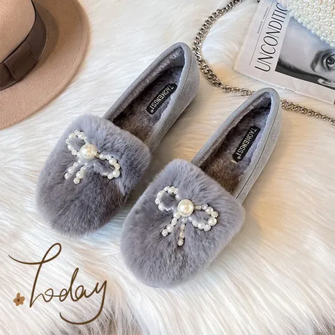 Women Faux Fur Loafers Pearl Rhinestone Bowknot Warm Winter Platform Flat Shoes Slip On Daily Warm Cotton Loafers