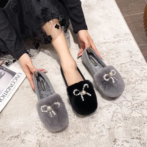 Women Faux Fur Loafers Pearl Rhinestone Bowknot Warm Winter Platform Flat Shoes Slip On Daily Warm Cotton Loafers
