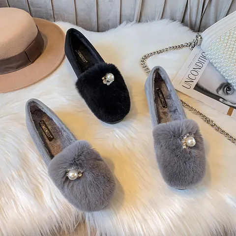 Women Winter Furry Loafers Rabbit Fur Flat Shoes Warm Plush Lined Moccasins With Pearl Rhinestone Flower Decor