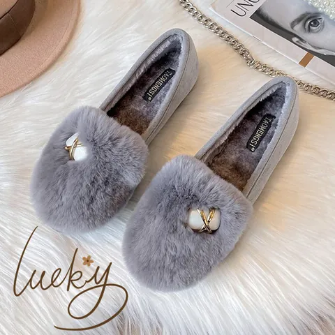 Women Warm Plush Loafers Winter Faux Rabbit Fur Flat Moccasins Pearl Metal Buckle Cozy Slip-on Cotton Shoes Casual Footwear