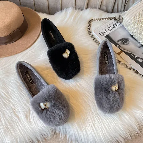 Women Warm Plush Loafers Winter Faux Rabbit Fur Flat Moccasins Pearl Metal Buckle Cozy Slip-on Cotton Shoes Casual Footwear