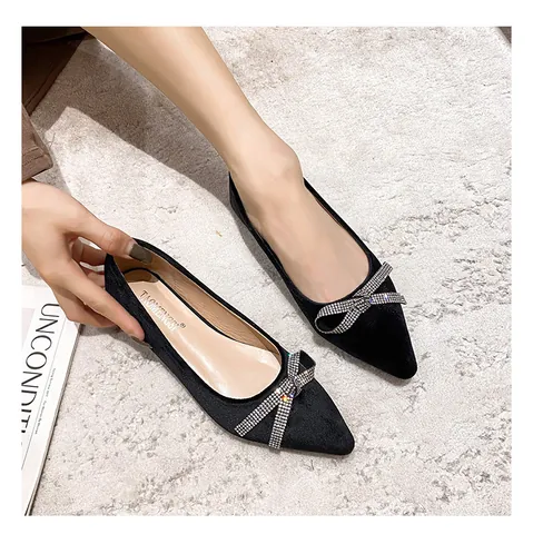 Women Pointed Toe Flat Shoes Velvet Rhinestone Bow Decorative Comfortable Slip On Ballet Flats For Work Commute Party