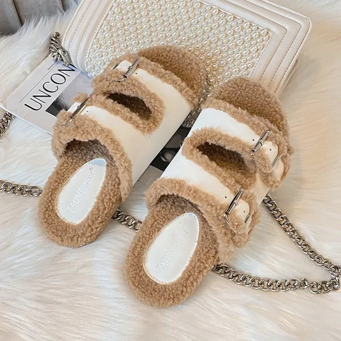 Women Faux Fur Slides Double Adjustable Buckle Straps Fuzzy Fluffy Slippers Microfiber Upper Rubber Sole Warm Casual Fashion Shoes