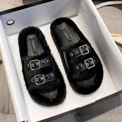Women's Fuzzy Faux Fur Slippers With Double Metal Buckles Thick Sole Non-slip Warm Plush Home Outdoor Flat Slides Shoes