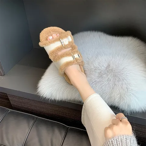 Women Faux Fur Slides Double Adjustable Buckle Straps Fuzzy Fluffy Slippers Microfiber Upper Rubber Sole Warm Casual Fashion Shoes