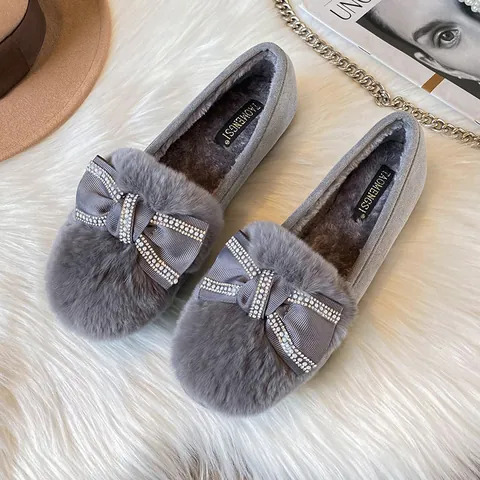 Women Winter Warm Plush Loafers Rhinestone Bowknot Round Toe Thick Sole Faux Fur Flat Shoes Slip On Daily Casual Footwear
