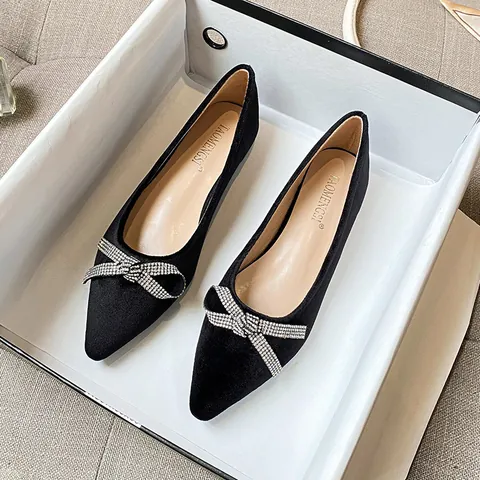 Women Pointed Toe Flat Shoes Velvet Rhinestone Bow Elegant Wedding Party Dress Shoes Comfortable Black Loafers