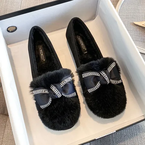 Women Winter Warm Plush Loafers Rhinestone Bowknot Round Toe Thick Sole Faux Fur Flat Shoes Slip On Daily Casual Footwear