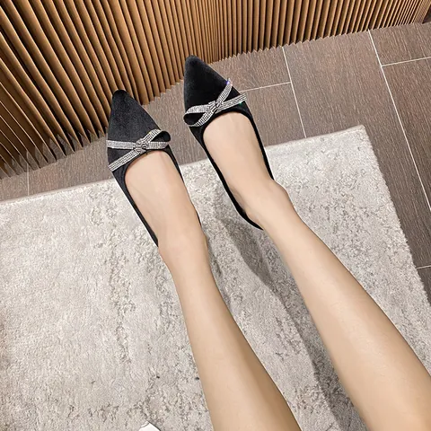 Women Pointed Toe Flat Shoes Velvet Rhinestone Bow Elegant Wedding Party Dress Shoes Comfortable Black Loafers