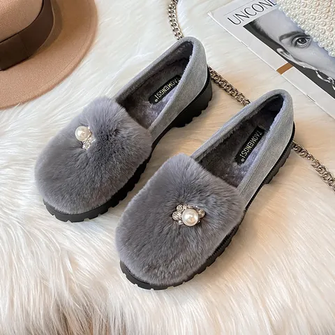 Winter Fashion Rabbit Fur Loafers With Rhinestone Pearl Decor Thick Sole Warm Plush Lining Furry Casual Flats Shoes