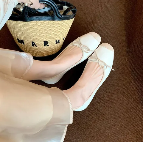 French Style Color Block Square Toe Ballet Flats With Bow For Women Microfiber Slip On Low Heel Casual Single Shoes