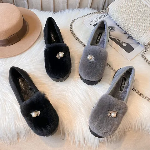 Winter Fashion Rabbit Fur Loafers With Rhinestone Pearl Decor Thick Sole Warm Plush Lining Furry Casual Flats Shoes