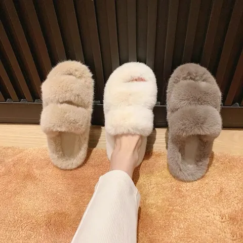 Pantoufles en Fausse Fourrure pour Femmes Semelle Épaisse Antidérapante Double Bride Claquettes Douces Chaudes Fausse Fourrure de Lapin Maison Extérieur Chaussures Décontractées