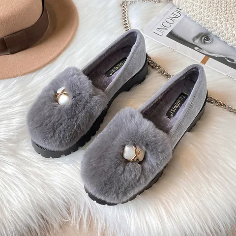 Women Winter Warm Genuine Rabbit Fur Loafers Thick Sole Pearl Metal Decor Slip On Plush Cotton Shoes Outdoor Daily Flat Shoes