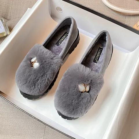 Women Winter Warm Genuine Rabbit Fur Loafers Thick Sole Pearl Metal Decor Slip On Plush Cotton Shoes Outdoor Daily Flat Shoes