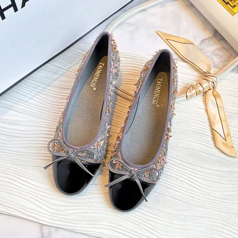 French Style Tweed Patent Leather Ballet Flats For Women Round Toe Bow Decoration Comfortable Low Heel Slip On Shoes