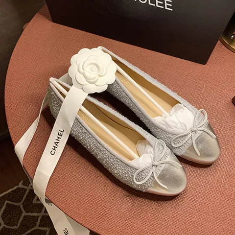 Ballerines en Tweed Élégantes pour Femmes Bicolores Bout Rond Chaussures de Marche Slip On Ballerines à Nœud Chaussures Plates Décontractées