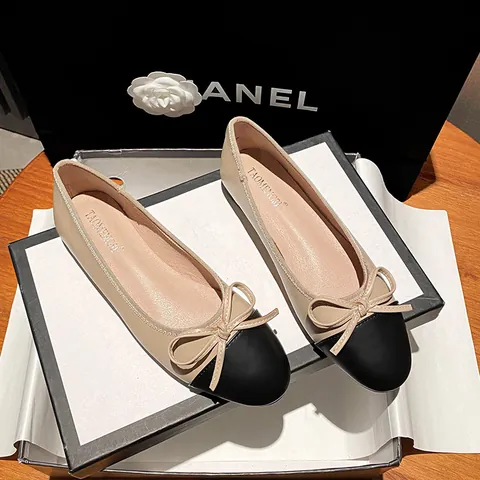 Ballerines en Tweed Élégantes pour Femmes Bicolores Bout Rond Chaussures de Marche Slip On Ballerines à Nœud Chaussures Plates Décontractées
