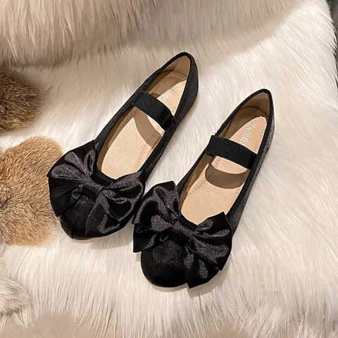 Scarpe Basse da Ballerina in Raso da Donna con Fiocco e Strass Scarpe Mary Jane a Punta Tonda senza Lacci Eleganti per Matrimonio