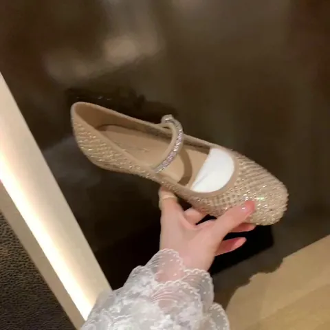 Women Square Toe Mesh Mary Jane Flats Elegant Full Rhinestone Pearl Accents Low Heel Party Dress Shoes Comfortable Single Shoes