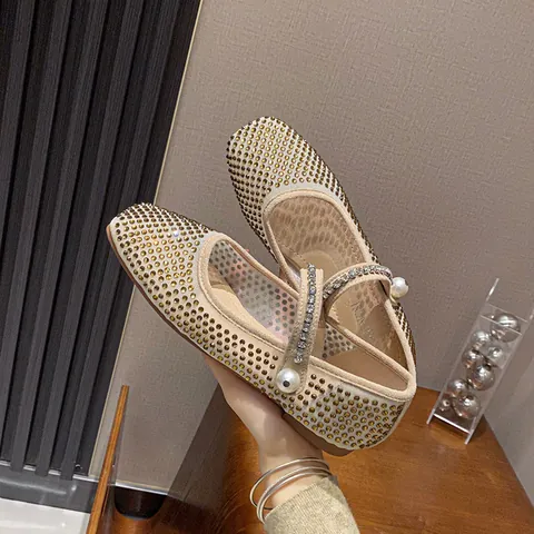Women Square Toe Mesh Mary Jane Flats Elegant Full Rhinestone Pearl Accents Low Heel Party Dress Shoes Comfortable Single Shoes
